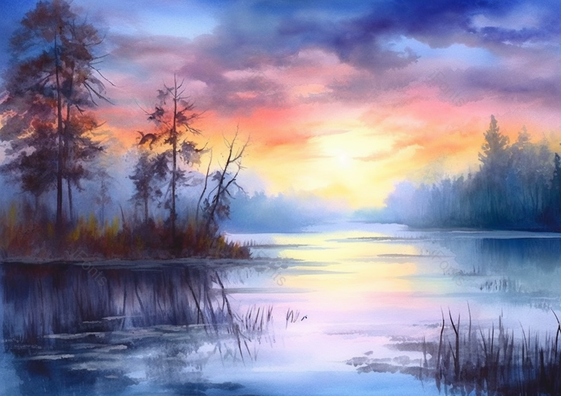 日出日落晚霞时分的阳光照射在森林和湖泊上水面倒映林木光线唯美风景插画,插画/手绘图,插画/手绘图库,插画/手绘图下载,插画/手绘